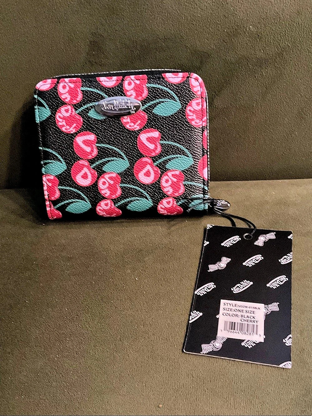Von Dutch Cherry Print Zip Around Wallet Black & Pink